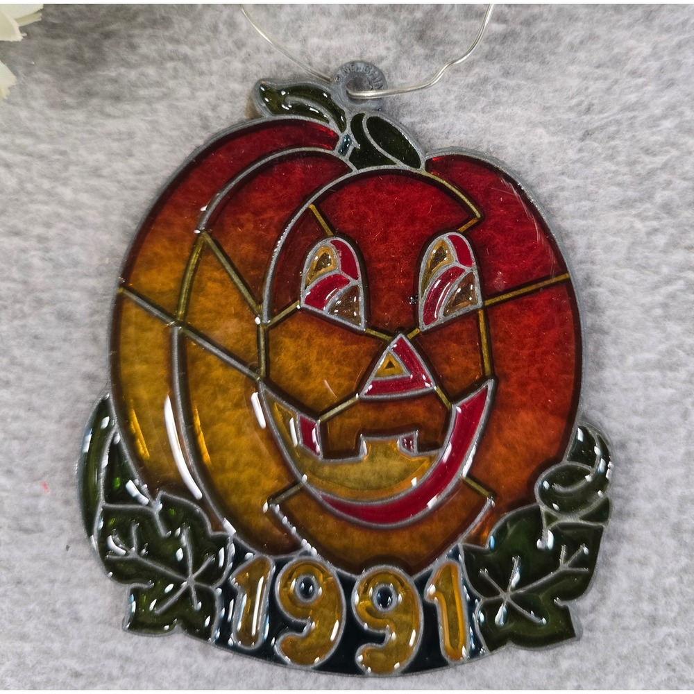 Vintage 90s Pumpkin Jack O'Lantern Suncatcher Orange 1991 Halloween